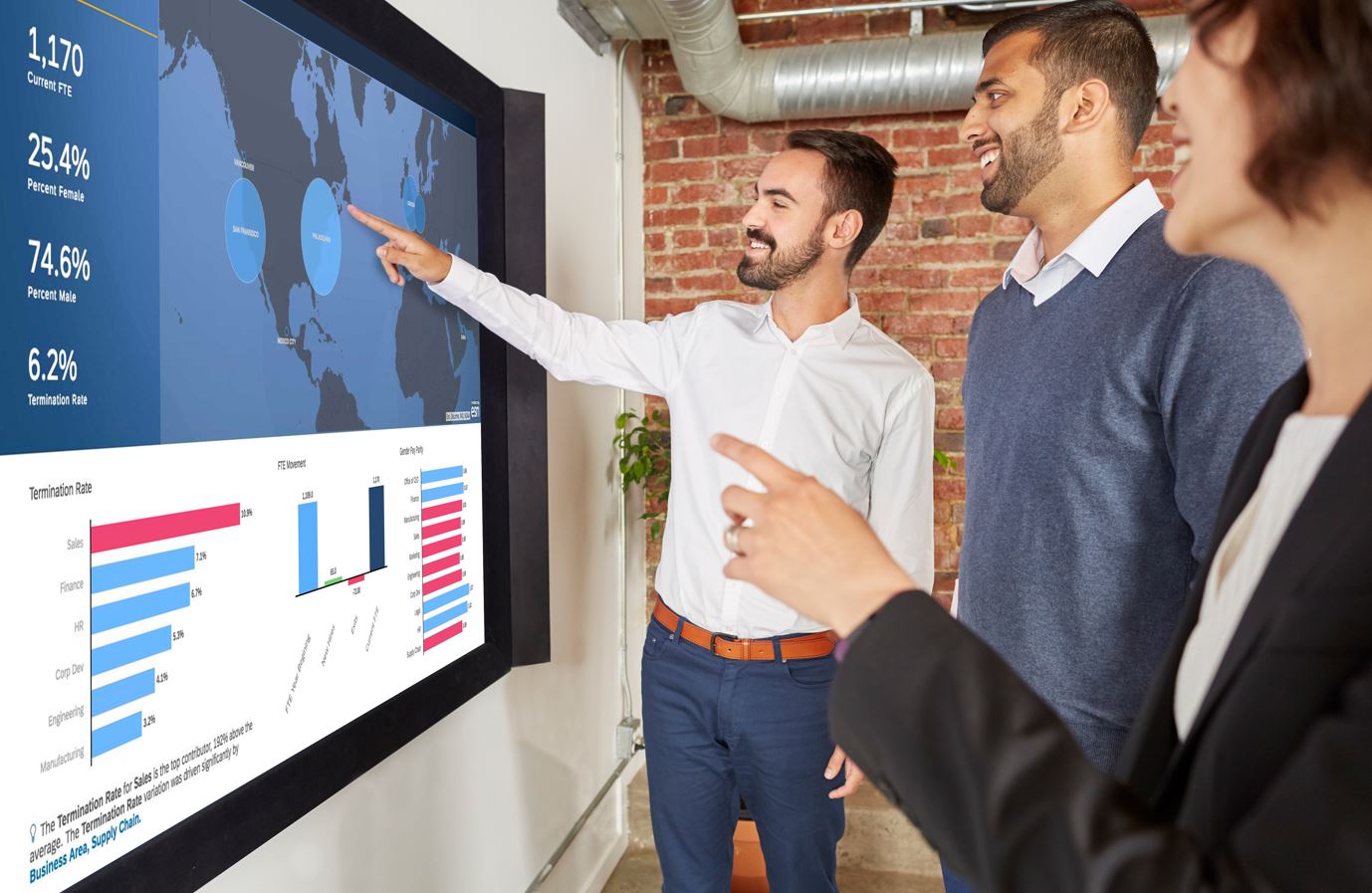 business people collaborating on a large screen