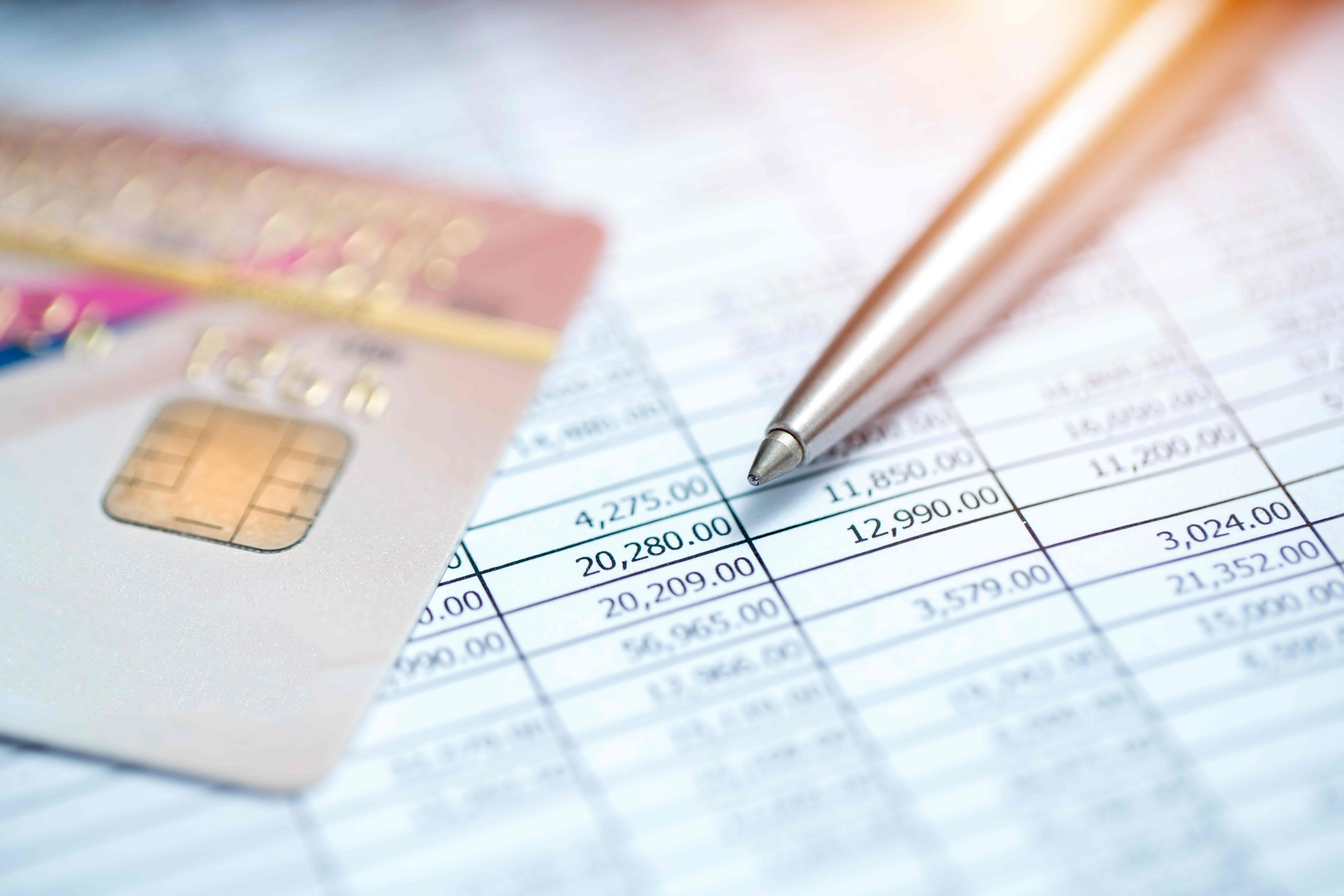 spreadsheet, pen, and credit card