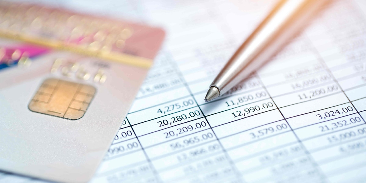 spreadsheet, pen, and credit card