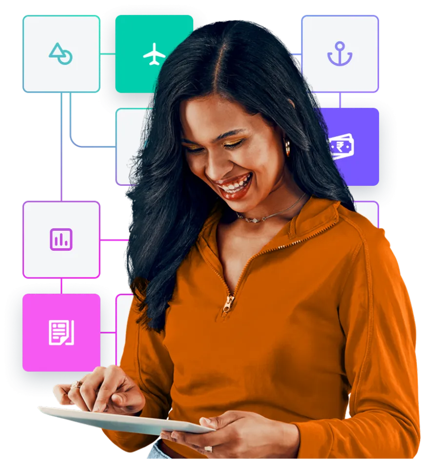 business professional surrounded by travel and expense icons