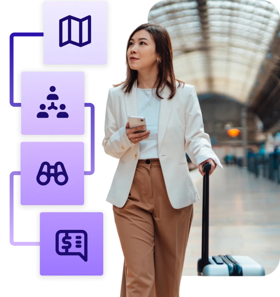 Woman on a work trip, knowing all her expenses will be automatically tracked and captured